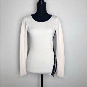 Zara Cream Ribbed Knit Long Sleeve Sweater with Zipper Accent
